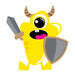 Weird yellow monster with viking horns, a sword, a shield, and only one eye; temporary tattoo. 